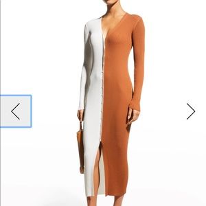 STAUD Two-Tone Ribbed Midi Dress in White and Brown
